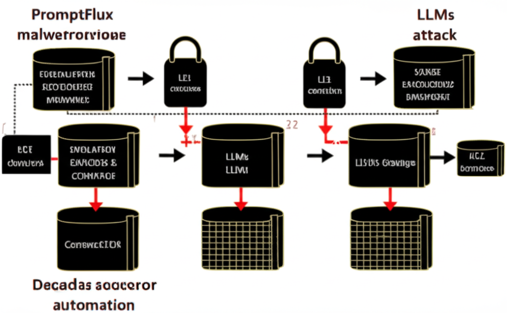 Diagram of PromptFlux malware using LLMs for attack automation.