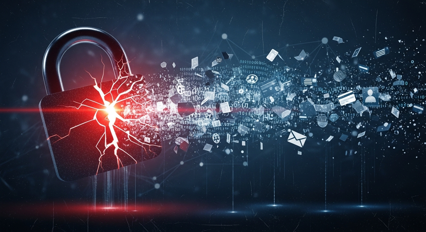 Visualization of a data breach with sensitive information leaking from a server.