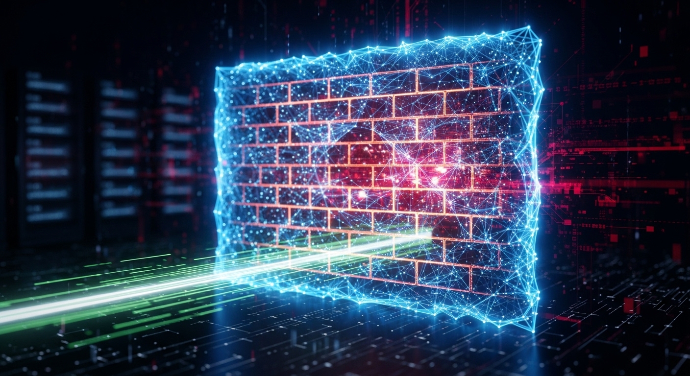 Illustration of a firewall protecting a network from cyber threats.