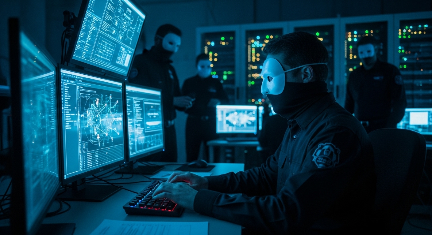 Illustration representing a ransomware group with multiple individuals and a dark web interface.